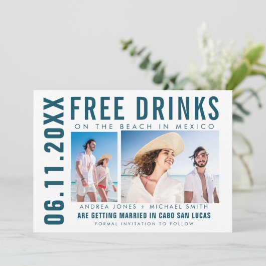 Gratis Drinken Foto Mexico Beach Wedding Aankondiging (Staand voorkant)