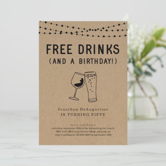 Gratis Drinken Funny Adult Birthday Party Invitati Kaart (Staand voorkant)