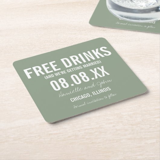 Gratis Drinken Funny Sage Green sparen de datum Kartonnen Onderzetters (Schuin)