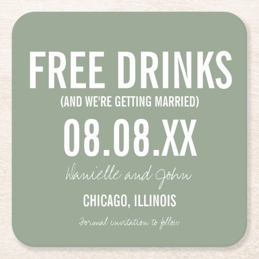 Gratis Drinken Funny Sage Green sparen de datum  Kartonnen Onderzetters (Voorkant)