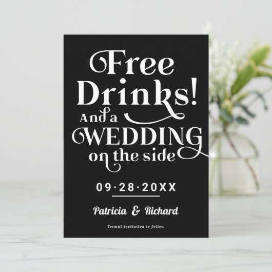 Gratis Drinken Grappig Casual huwelijk sparen de d Kaart (Staand voorkant)