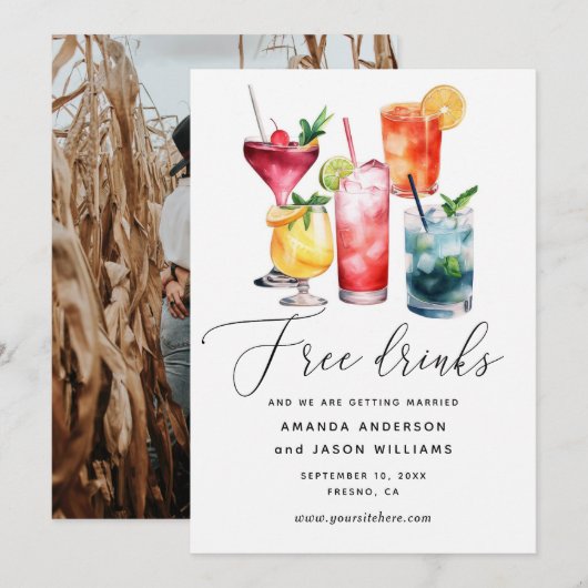 Gratis Drinken. Grappig modern cocktails fotobruil Save The Date (Voorkant / Achterkant)