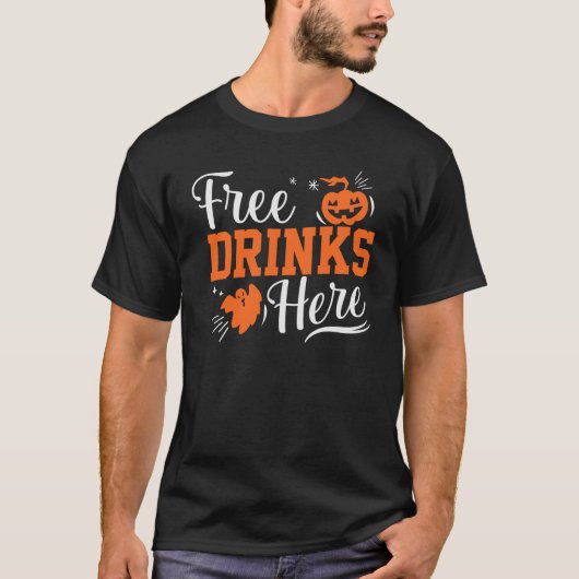 Gratis Drinken hier Halloween Party Costume T-Shir T-shirt (Voorkant)