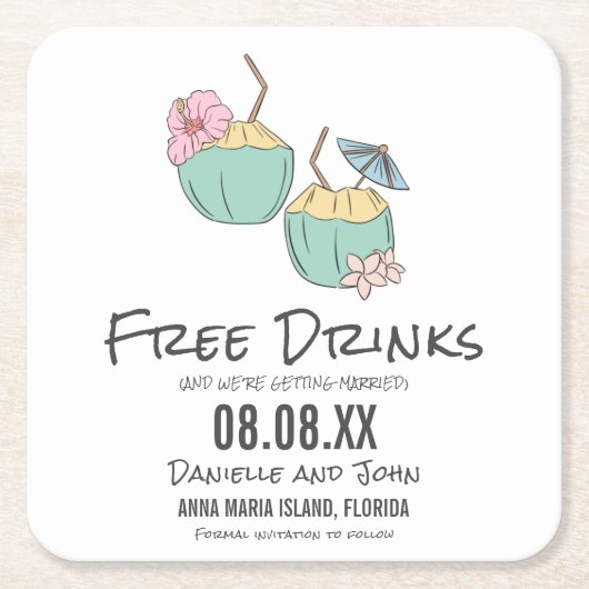 Gratis Drinken Kokosnoot Beach Wedding Save the Da Kartonnen Onderzetters (Voorkant)