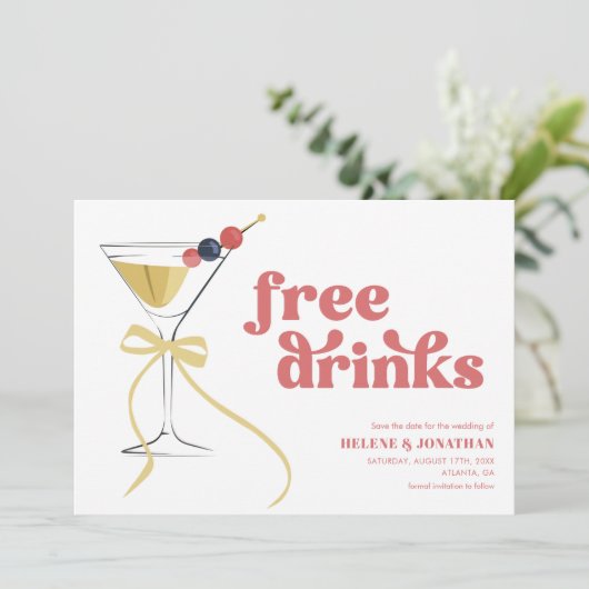Gratis Drinken Martini Bow Modern Elegant Wedding Save The Date (Staand voorkant)
