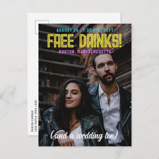 Gratis Drinken! Neon Fonts Bruiloft Bewaar de Datu Aankondigingskaart (Voorkant / Achterkant)