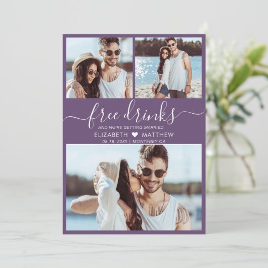 Gratis Drinken Script Paarse 3 foto collage bruilo Save The Date (Staand voorkant)