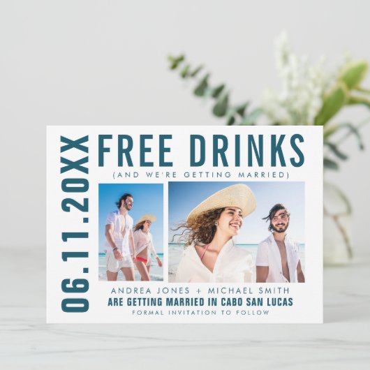 Gratis Drinken Twee Beach Wedding met foto's Opsla Aankondiging (Staand voorkant)