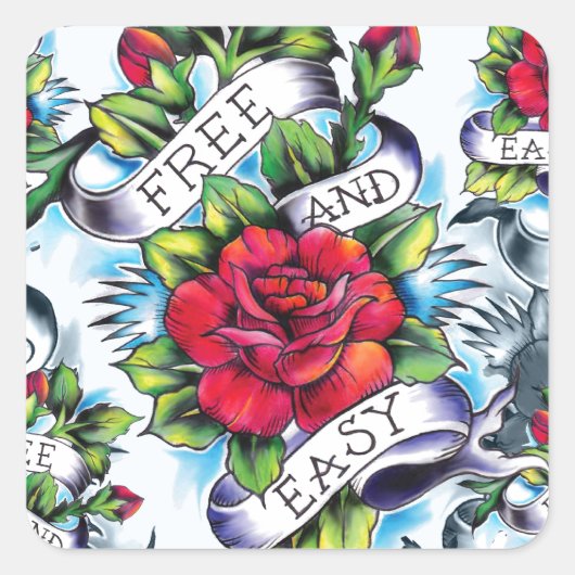 Gratis en Gemakkelijke waterverf roos tattoo kunst Vierkante Sticker (Voorkant)
