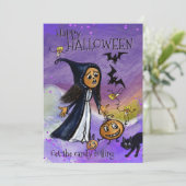 Gratis heks, pompoen & suikermais Halloween kaart (Staand voorkant)