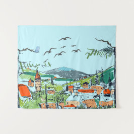 Gratis illustratie van een fantasierijk dorpslands wandkleed