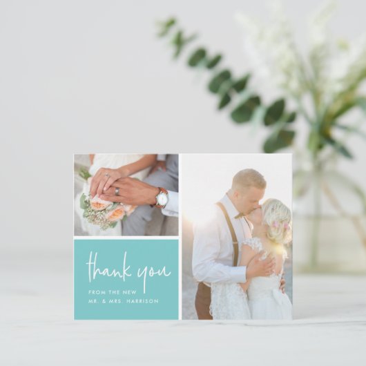 Gratis in Aqua | Weddenfoto Hartelijk dank Briefkaart (Staand voorkant)