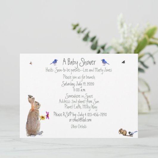 Gratis konijn baby-shower: uitnodigingen (Staand voorkant)