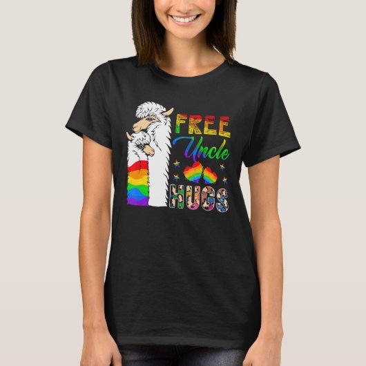 Gratis oom knuffelt twee lama's trots LGBT support T-shirt (Voorkant)