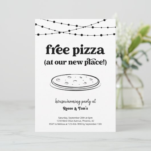 Gratis Pizza Grappige Housewarming Party Uitnodigi Kaart (Staand voorkant)