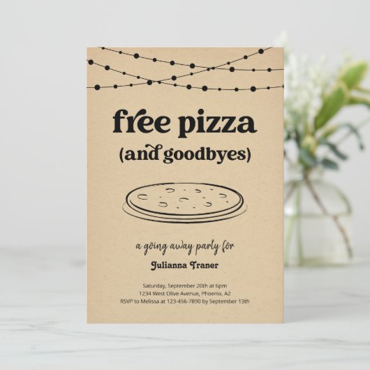 Gratis Pizza Party Funny Going Away uitnodiging (Staand voorkant)