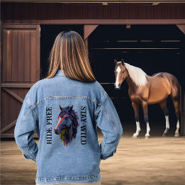 Gratis rijden blijf wild Kleurrijk paardenhoofd Denim Jacket