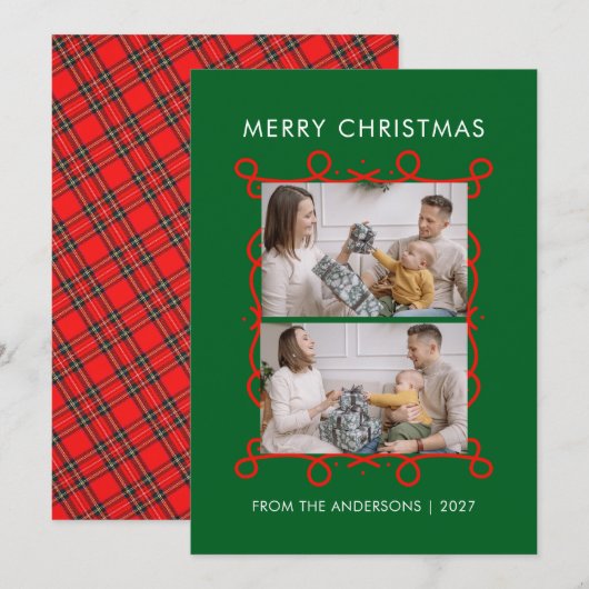 Gratis Rode Scroll Kader Vrolijk Kerst 2 Foto Feestdagenkaart (Voorkant / Achterkant)