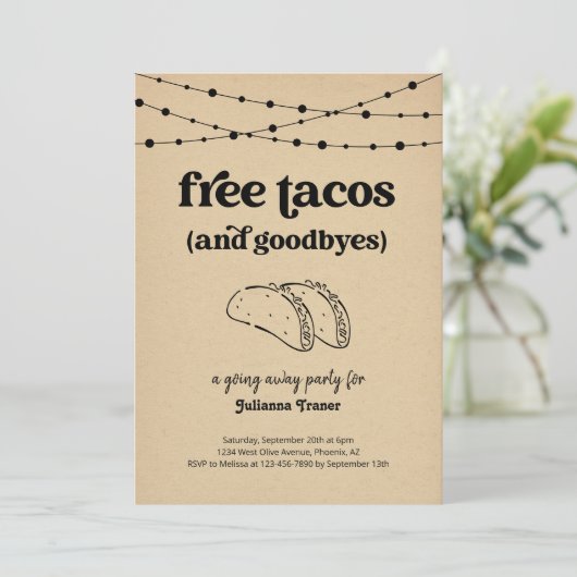 Gratis Taco Funny Going Away Party uitnodiging (Staand voorkant)