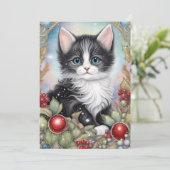 Gratis Tuxedo Kitten Holly Berries Frame  Feestdagenkaart (Staand voorkant)