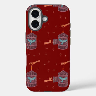 Gratis Vogel Vogelkooi | Folk Art handen en Blauwe iPhone 16 Hoesje