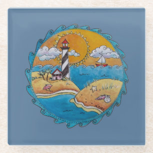 Gratis Vuurtoren Strand Scene Kust Folk Art Glazen Onderzetter