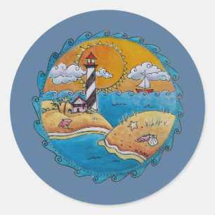 Gratis Vuurtoren Strand Scene Kust Folk Art  Ronde Sticker