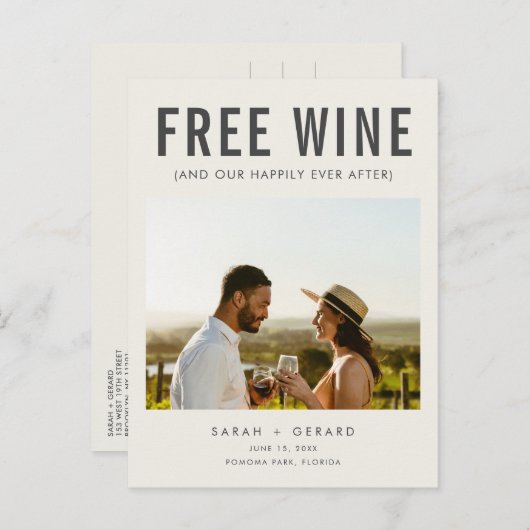 Gratis wijn (en onze nog lang en gelukkig) na de b aankondigingskaart (Voorkant / Achterkant)