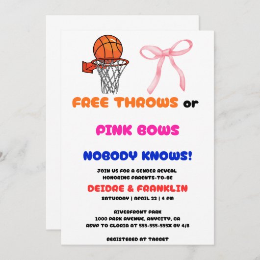 Gratis worpen of Pink Bows gender reveal party Kaart (Voorkant / Achterkant)