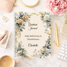 Gratitude dagboek gouden lint gele crème bloemen