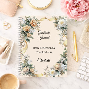 Gratitude dagboek gouden lint gele crème bloemen notitieboek