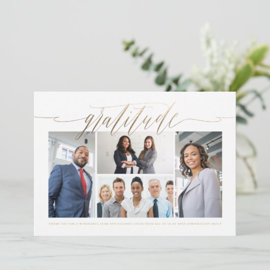 Gratitude Gold Script Multi-Photo Styly Business Feestdagenkaart (Staand voorkant)