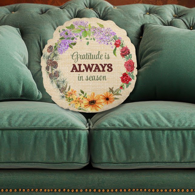 Gratitude in Every Season Floral Wreath Rond Kussen (Creator heeft geüpload)