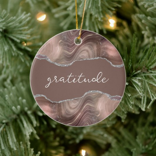 Gratitude Inspirerend Word Taupe Silver Agate Keramisch Ornament (Boom)