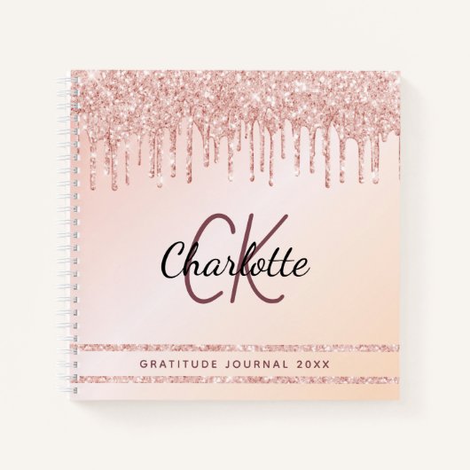 Gratitude journal monogram roos goudstaartglitter notitieboek (Voorkant)