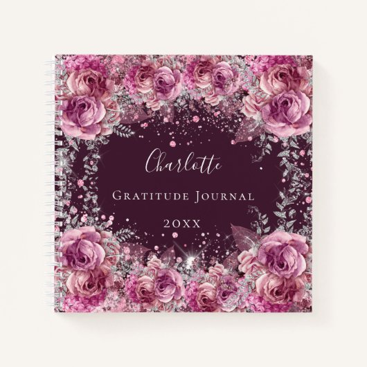 Gratitude journal pink burgundy floral glitter notitieboek (Voorkant)