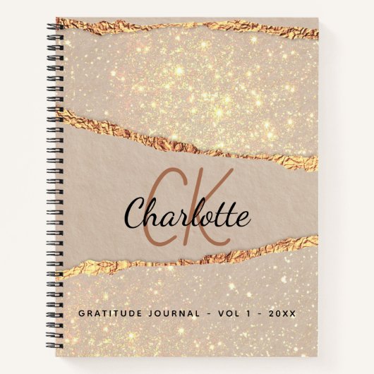 Gratitude journal roos gold agate glitter monogram notitieboek (Voorkant)