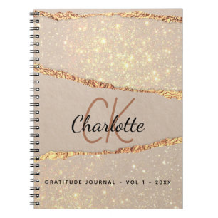 Gratitude journal roos gold glitter agate monogram notitieboek