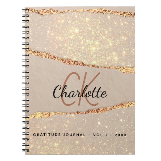 Gratitude journal roos gold glitter agate monogram notitieboek (Voorkant)