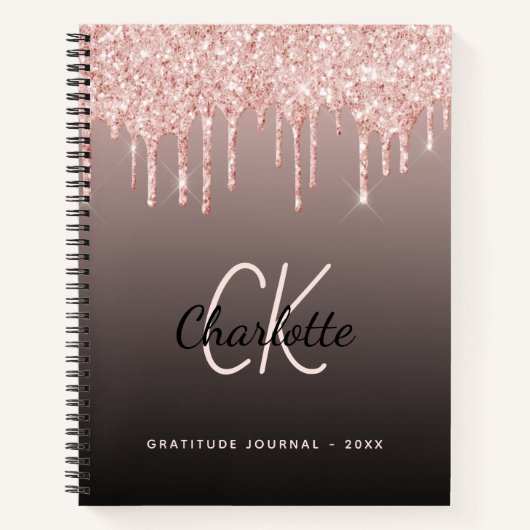 Gratitude Journal roos gold glitter zwarte monogra Notitieboek (Voorkant)