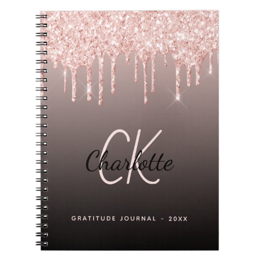 Gratitude Journal roos gold glitter zwarte monogra Notitieboek (Voorkant)