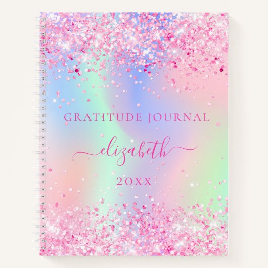 Gratitude journal roze glitter holographic name notitieboek (Voorkant)