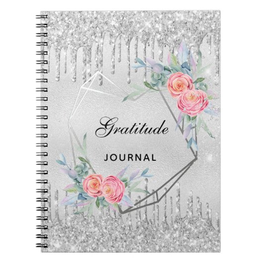 Gratitude journal zilveren floral glitter blush ro notitieboek (Voorkant)