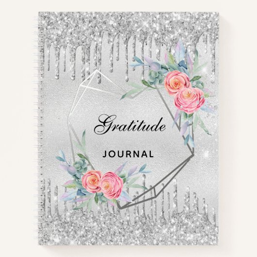 Gratitude journal zilveren floral glitter blush ro notitieboek (Voorkant)