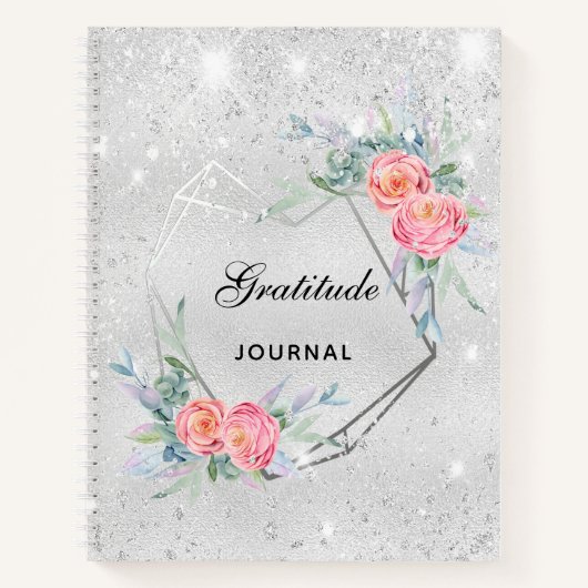 Gratitude journal zilverroze floralen glitterstof notitieboek (Voorkant)
