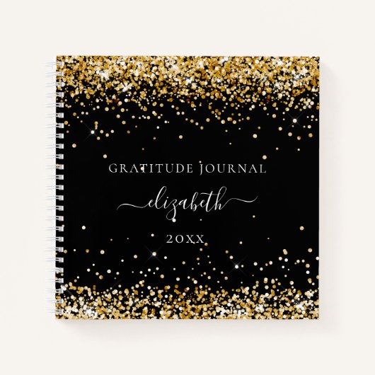 Gratitude journal zwarte goudglitter stofnaam notitieboek (Voorkant)