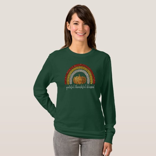 Grattige, dankbare, gezegende Thanksgiving pompoen T-shirt (Voorkant volledig)