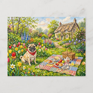Gratwijkse Cottage Tuin Picknick Pug Illustratie Feestdagenkaart