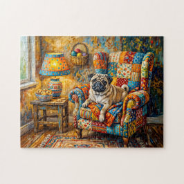 Gratwistige cottage mopshond fauteuil illustratie legpuzzel