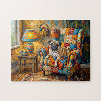 Gratwistige cottage mopshond fauteuil illustratie legpuzzel
